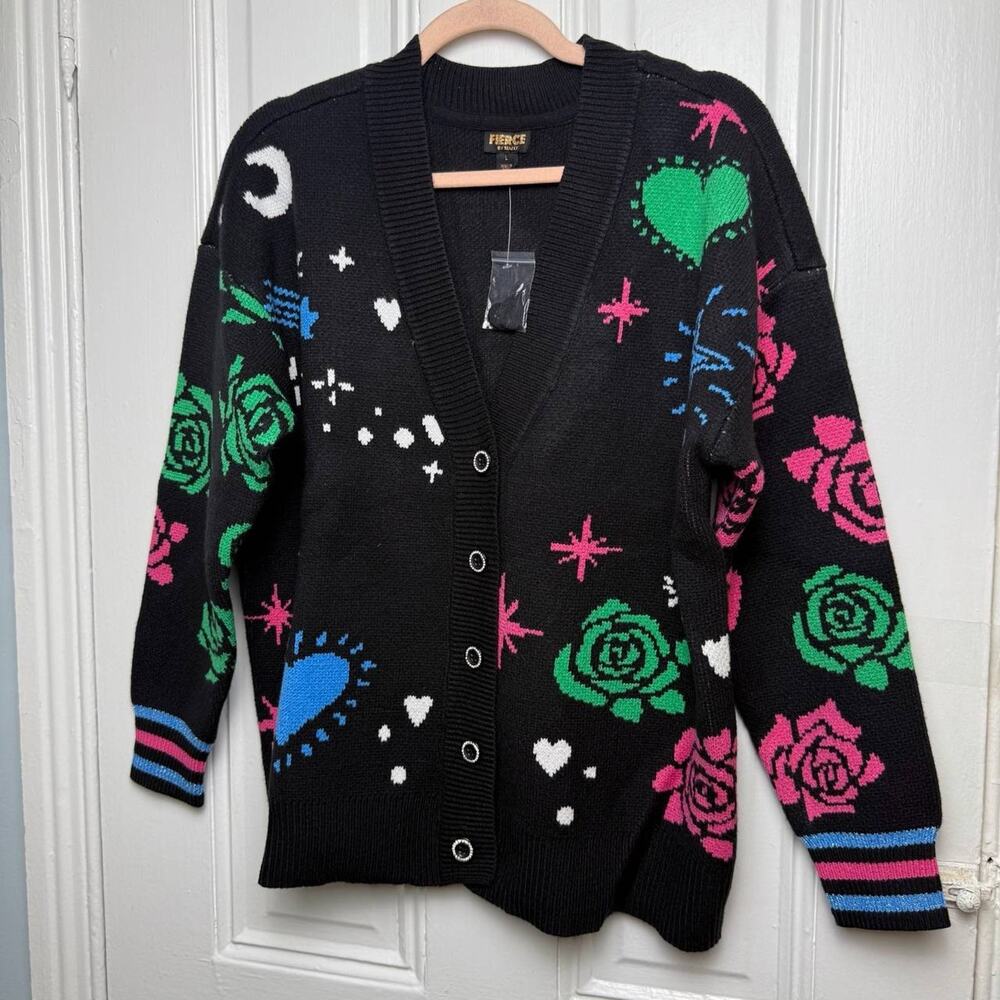 Fierce by Mally Womens Large Black Graphic Button Up Cardigan Sweater Knit Roses